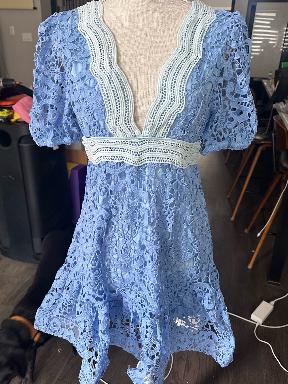 Lace V-Neck Mini Dress in Blue with light blue Trim